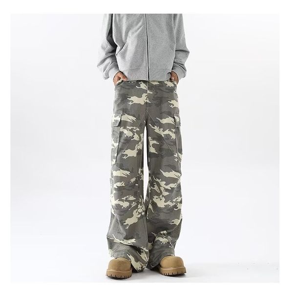 Unisex Camouflage Jeans Retro American Style with Large Pockets Trendy High Street Straight Leg Loose Fit Casual Wide Leg_mkmklike.com