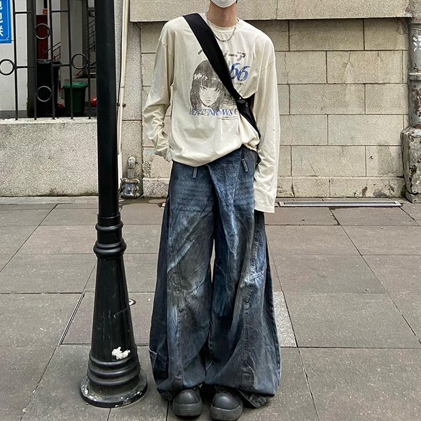 Vintage Washed Oversized Cargo Jeans - Reverse Waistband & Curved Hem Design For Streetwear Enthusiasts_mkmklike.com