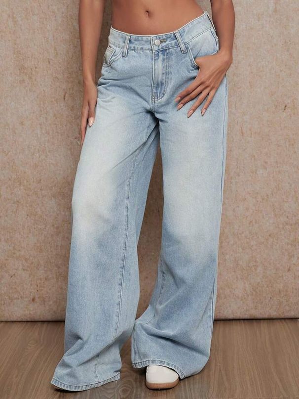 Women's Clothing Low Waist Wide Leg Pants Retro Washed Blue Slim Pants Spring_mkmklike.com