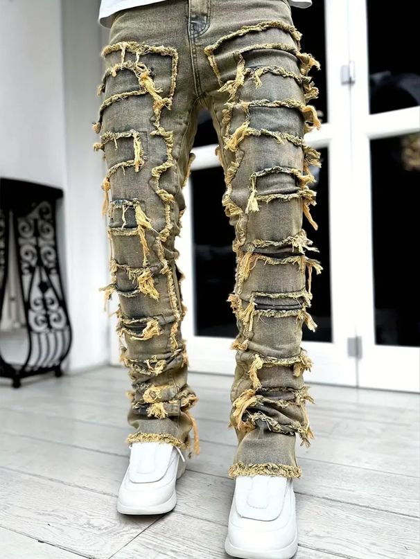 Men's Jeans With Multiple Craftsmanship, Frayed Edges, Slim Fit Straight Leg Pants, Street Style Rap Style, Nostalgic Blue Men's Pants_mkmklike.com