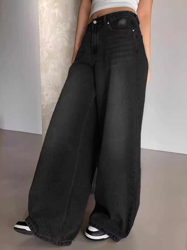 Women's Wide Leg Denim Jeans Ripped Extra Long Floor Length Distressed Details_mkmklike.com