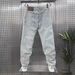 Men's Trendy Versatile Straight Leg Cropped Jeans Summer Denim Stretchy Washed Harem Style Casual Fashionable Dad Mid Waist Blue Black_mkmklike.com