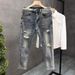 Men's Slim Fit Stretch Jeans - Vintage Ripped Denim Pants With Splatter Wash, Comfortable Skinny Tapered Leg For Casual Streetwear_mkmklike.com