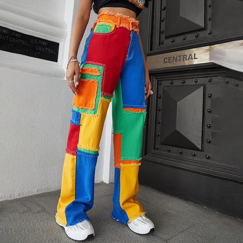 Women's Clothing Color-Block High Waist Jeans For Women – Brushed Denim Straight Leg Pants_mkmklike.com