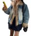 Vintage Washed Denim Fur-Trimmed Quilted Jacket - Blue Retro Coat With Cotton Blend For Commuter Chic_mkmklike.com