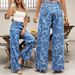Women's Casual Loose Fit Washed Denim Wide Leg Pants With Print - Comfortable Cotton Blend High Waist Trousers For Everyday Wear (Blue, XS/S/M/L/XL)_mkmklike.com