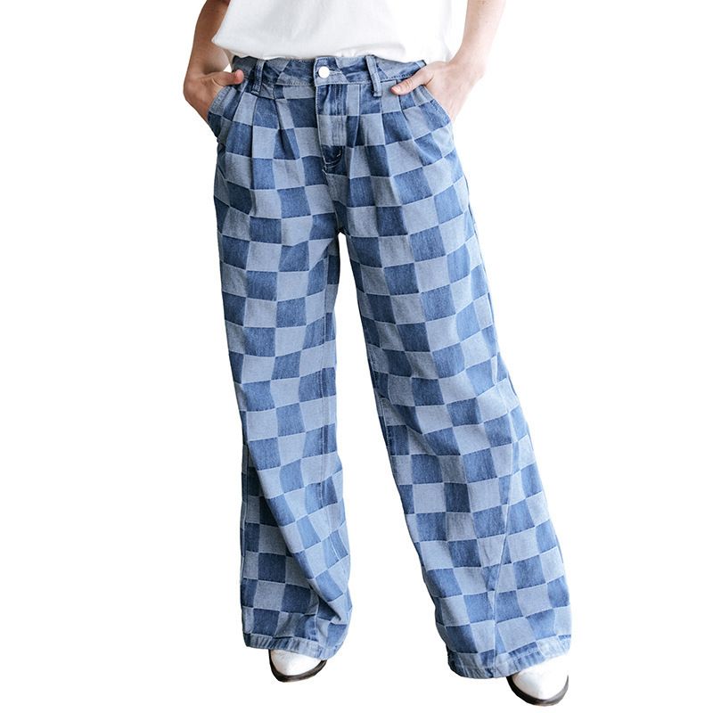 Women's High-Waisted Wide-Leg Checkered Print Casual Pants Loose Fit Autumn Fashion European American Style Jeans_mkmklike.com