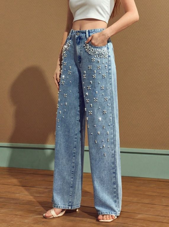 Women's Washed Denim Beaded Trousers – Vintage High-Waisted Straight-Leg Jeans With Handcrafted Beadwork (Pinkish/Yellows/Bluish/Medium Blue)_mkmklike.com