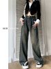 Fleece-lined Cement Gray Vintage Pleated Wide-leg Jeans Women, High-waisted, Loose-fitting, Slimming, Autumn_mkmklike.com