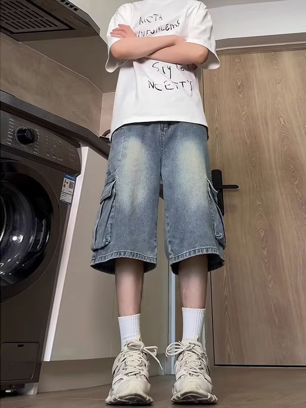 Vintage Washed Cargo Denim Shorts For Men, Summer New Loose Fit With Side Pockets And Large Pocket Design, Casual_mkmklike.com