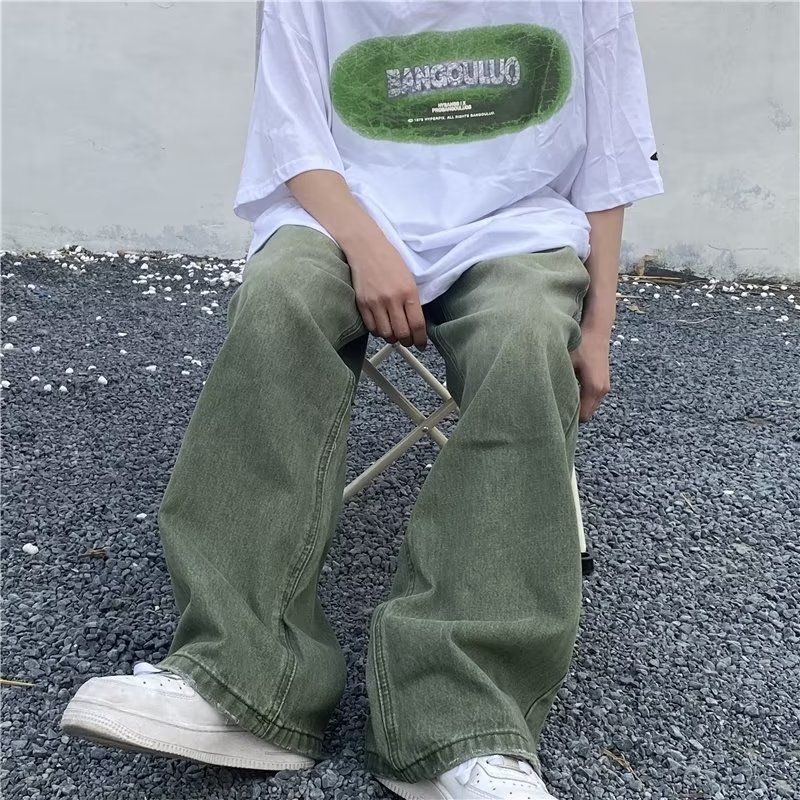 Suitable For All Seasons High Washed Vintage Green Jeans For Men Spring Autumn Trendy Street Hip Hop Loose Wide Leg Pants_mkmklike.com