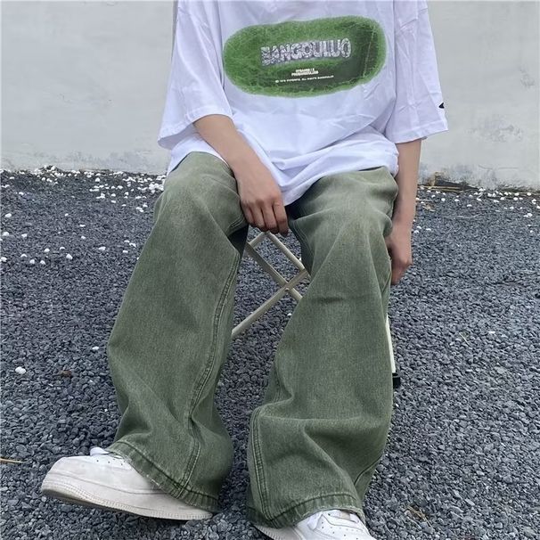 Suitable For All Seasons High Washed Vintage Green Jeans For Men Spring Autumn Trendy Street Hip Hop Loose Wide Leg Pants_mkmklike.com