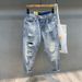 Men's Distressed Loose Fit Denim Jeans Straight Leg Nine-Part Harem Pants Spring 2024 Trendy Streetwear Casual_mkmklike.com