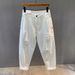 Vintage High Street Distressed Washed Straight Leg Jeans Men's Denim Pants with Knee Rips Comfortable Relaxed Fit Streetwear Trousers_mkmklike.com