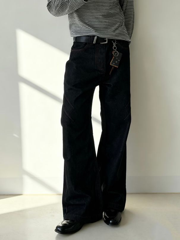 Men's Vintage Black Bootcut Jeans – High Waist Straight Leg Denim Pants With Distressed Wash, Clean Fit Style For Fall & Winter_mkmklike.com