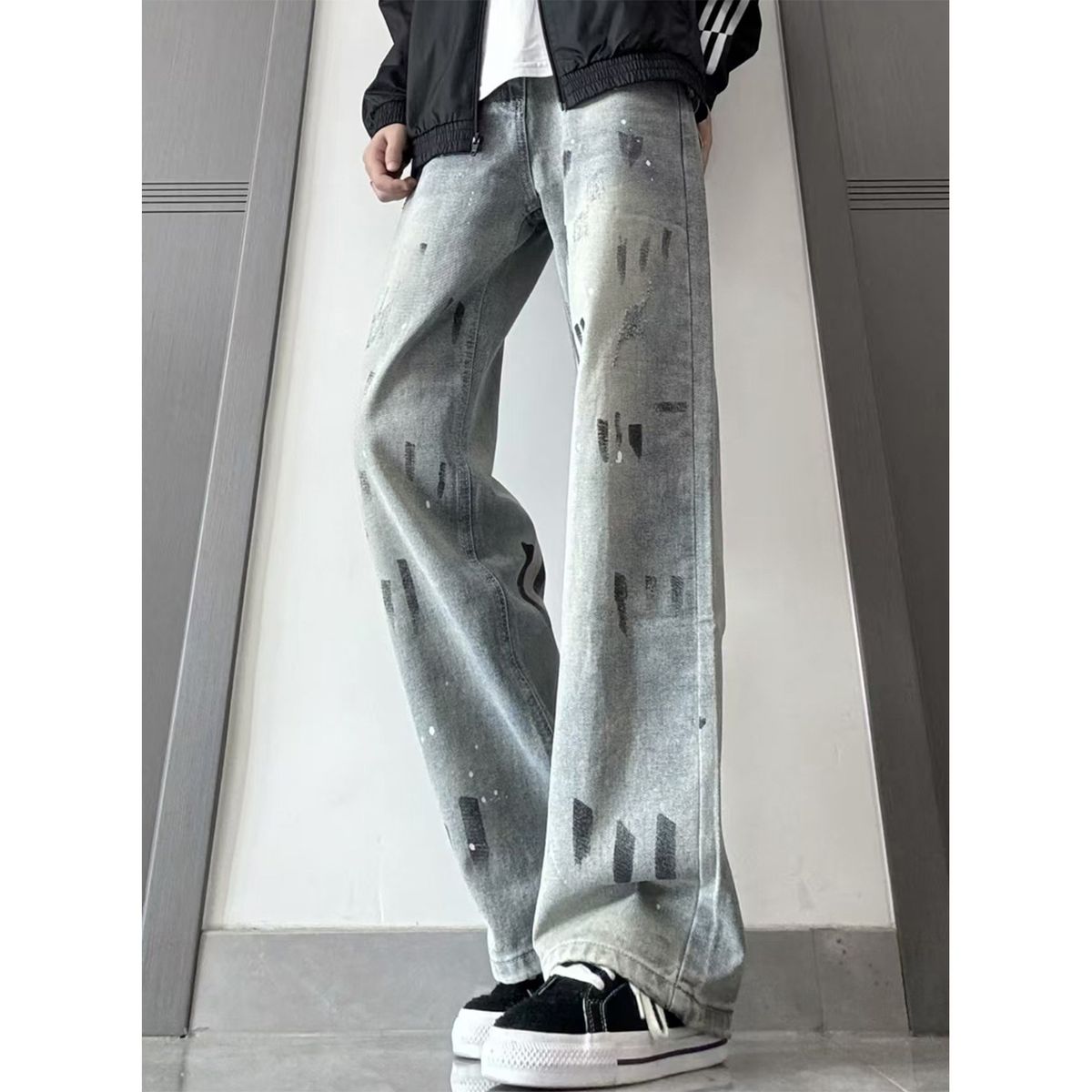 Blue Cleanfit Splatter-paint For Men, American High Street Vibe Pants, Straight High-waisted Slim-fit Flared Jeans_mkmklike.com
