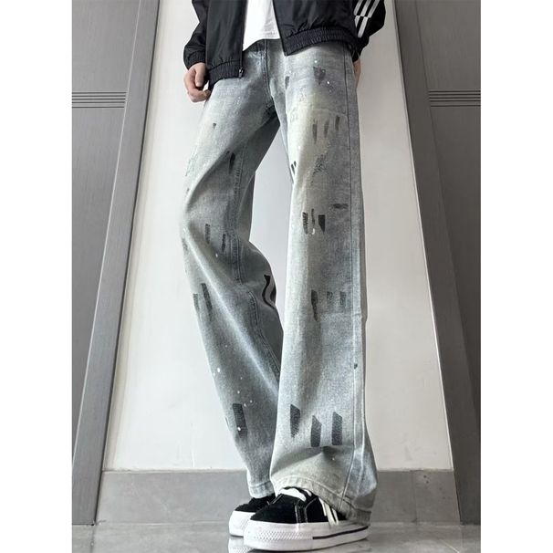 Blue Cleanfit Splatter-paint For Men, American High Street Vibe Pants, Straight High-waisted Slim-fit Flared Jeans_mkmklike.com