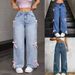 Women's Loose Wide-Leg Jeans – Vintage Washed Denim Pants With Pure Straight Fit, Street Bow Detail & Comfortable Stretch_mkmklike.com