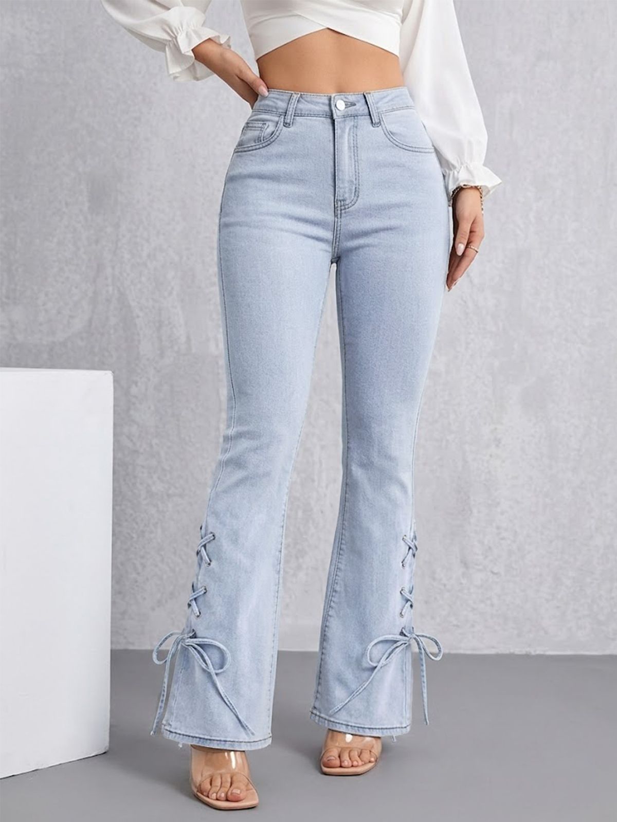 Light Blue Washed Lace up Flared Jeans for Women Slim Fit Floor Length Drawstring Hem YT10_mkmklike.com