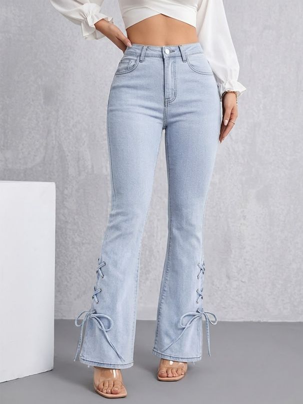 Light Blue Washed Lace up Flared Jeans for Women Slim Fit Floor Length Drawstring Hem YT10_mkmklike.com