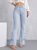 Light Blue Washed Lace up Flared Jeans for Women Slim Fit Floor Length Drawstring Hem YT10_mkmklike.com