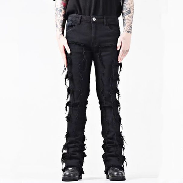 Men's Clothing New retro tassel men's flared jeans men's high street slim patch denim trousers_mkmklike.com