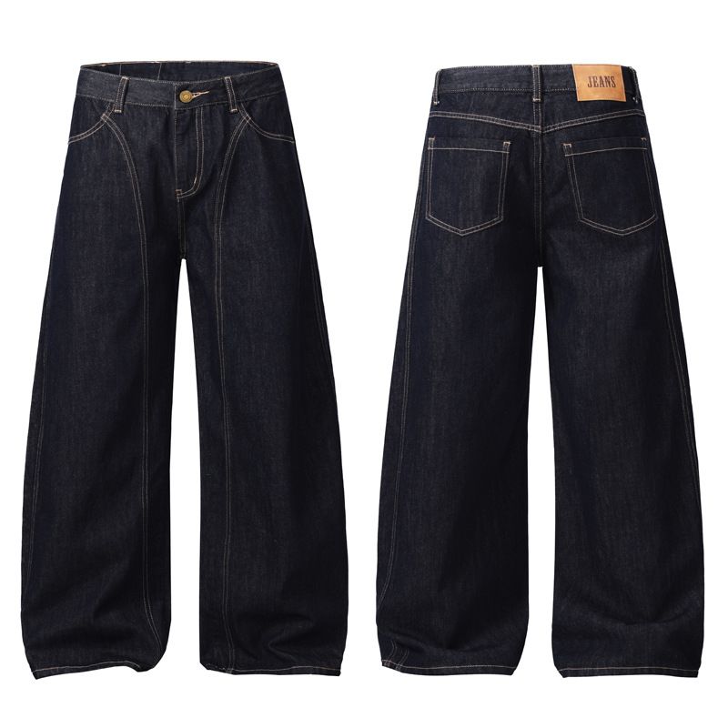 Men's Clothing Cocoon Shaped Wide Leg Raw Denim Jeans, Unisex Patchwork Design, Niche Straight Leg Pants_mkmklike.com