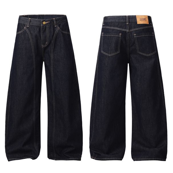 Men's Clothing Cocoon Shaped Wide Leg Raw Denim Jeans, Unisex Patchwork Design, Niche Straight Leg Pants_mkmklike.com