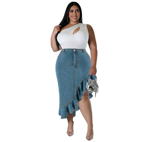 Women's Clothing Large Size Denim Fitted Long Skirt_mkmklike.com