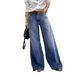 Women's Wide Leg Mid Rise Jeans Washed Stretch Denim No Belt_mkmklike.com
