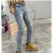Men's Distressed Jeans With Paint Splatter Design - Slim Fit Stretch Denim Pants For Summer, Trendy Casual Nine-Pants For Youth_mkmklike.com