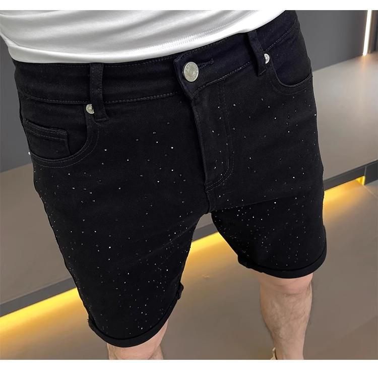 Men's Clothing Hot Diamond Trendy Five Point Jeans Thin Black Denim Shorts Mid Length Pants_mkmklike.com