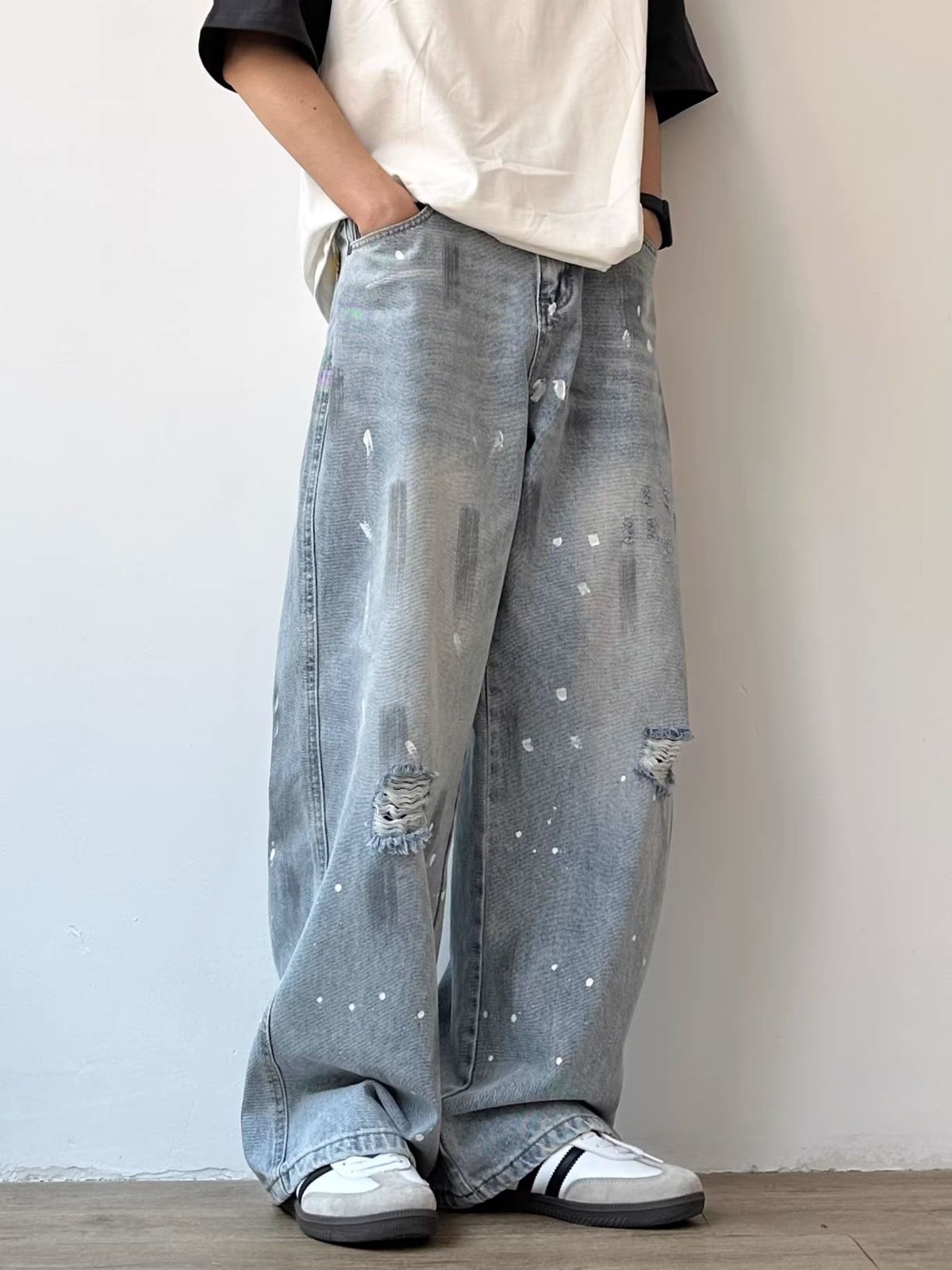 Men's Korean Style High End Retro Splatter Paint Distressed Jeans Spring Autumn Stylish Loose Wide Leg Ripped Floor Length Trendy Pants_mkmklike.com
