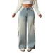 Women's Clothing Women's Peacock Blue Wide Leg Jeans - High Waist Relaxed Fit With Side Ribbon Detail_mkmklike.com
