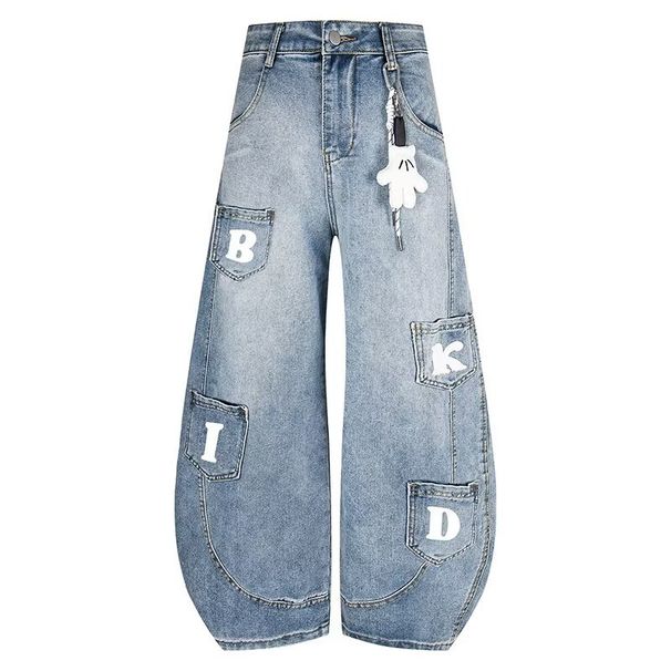 Retro Letter-Print Patch Pocket Jeans – High-Waisted Wide-Leg Streetwear Denim Pants For Men & Women_mkmklike.com