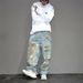 Men's Heavy Duty Distressed Wide Leg Jeans Hand Painted Graffiti Ripped American High Street Style Wide Leg Pants_mkmklike.com