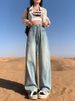 Light Blue Wide-leg Jeans For Women, Spring/autumn 2024, New Early Spring Design, High-waisted, Slimming, Narrow_mkmklike.com