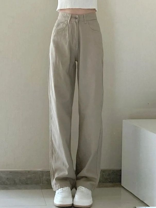 K Women's Trousers, Pear-shaped Figure, Women's Khaki High-waisted Straight-leg Jeans, Large Size Loose_mkmklike.com