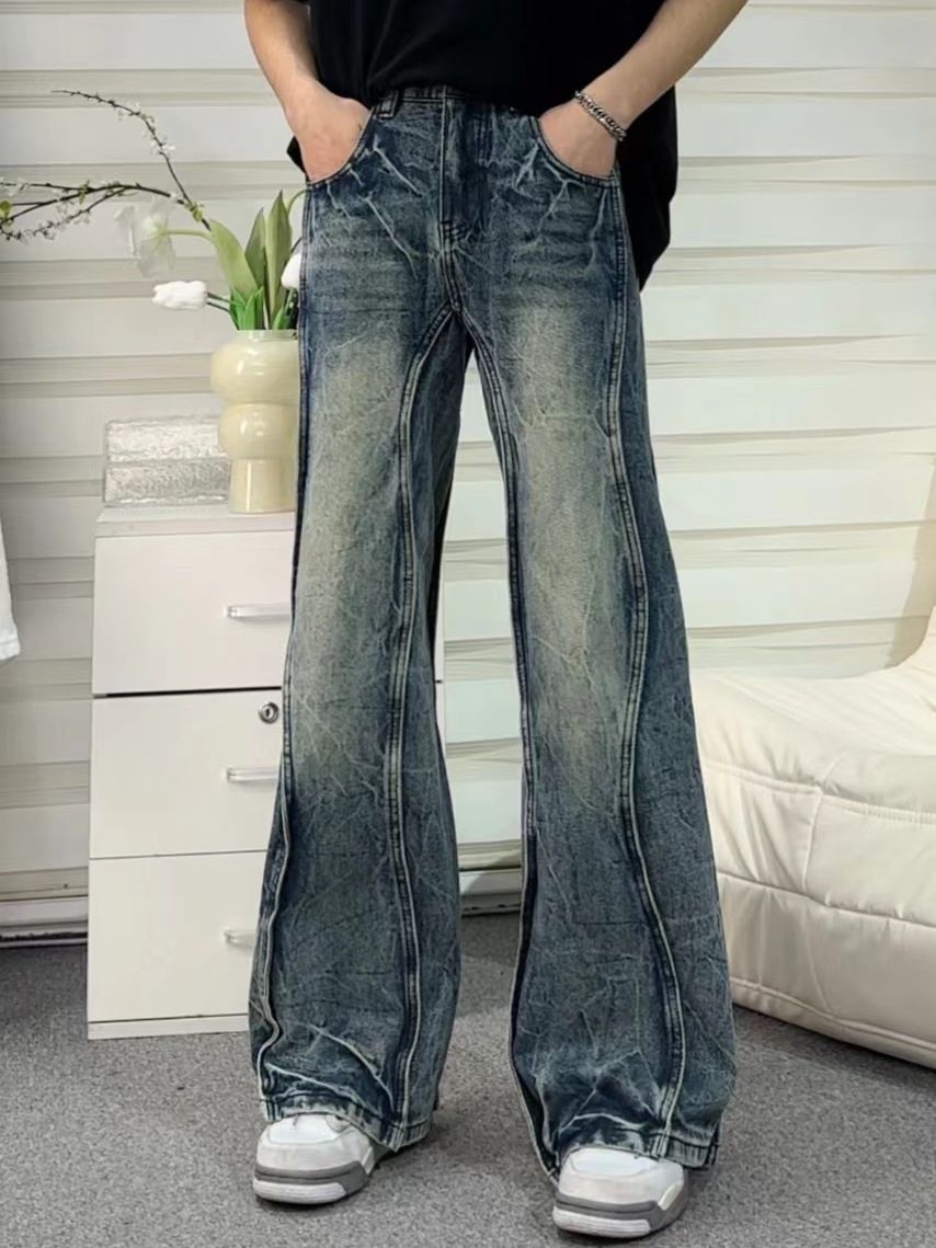 Men's Straight Leg Lightning Stripe Jeans High Street Style Washed Patchwork Design Versatile And Stylish Long Pants_mkmklike.com