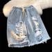 Men's Clothing Niche All Match Retro Distressed Blue Loose Straight Wide Leg Cropped Pants Drape Denim Shorts_mkmklike.com