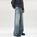 Men's Washed Denim Trousers Loose Fit Relaxed Wide Leg Casual Wear with Splatter Paint Design Retro American Style_mkmklike.com