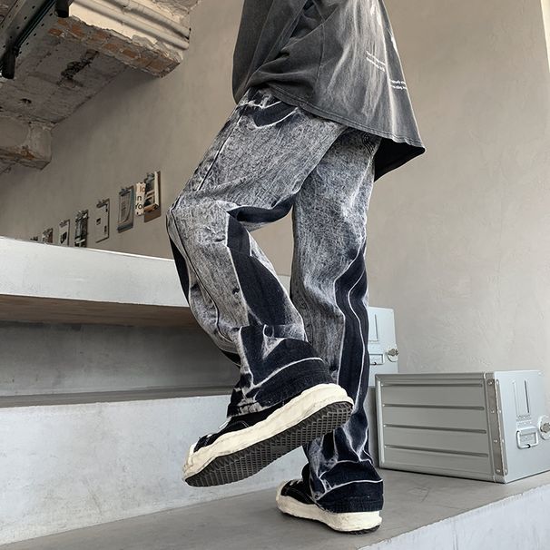 Suitable For All Seasons High Street Vibe INS Trend Brand Tie-Dye Jeans Men's American Hip-Hop Straight Pants Autumn_mkmklike.com