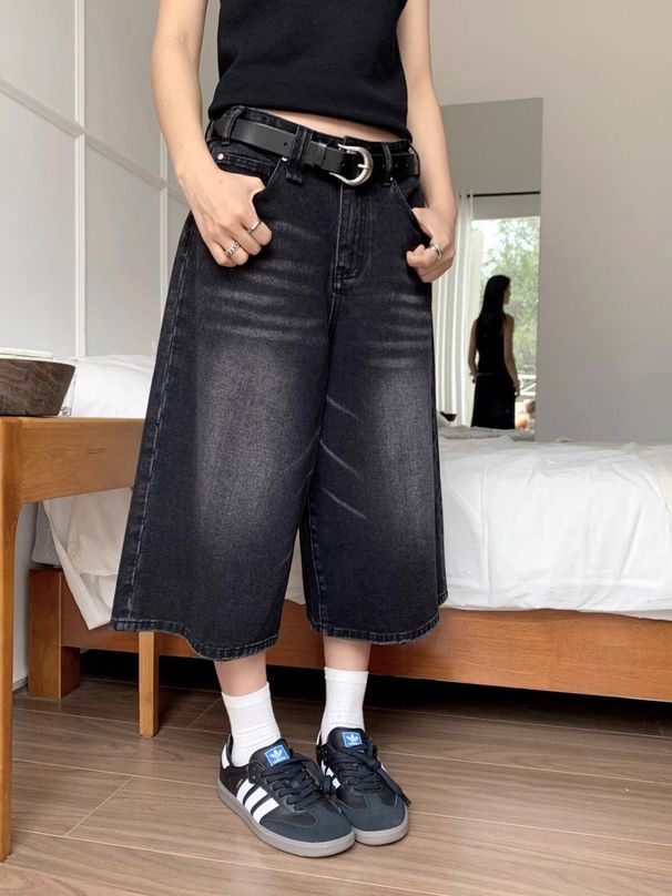 Hong Kong Style Retro Distressed Men's Loose Wide Leg Denim Shorts Trendy Summer Lazy Style Nostalgic Color Vintage Seven Point_mkmklike.com