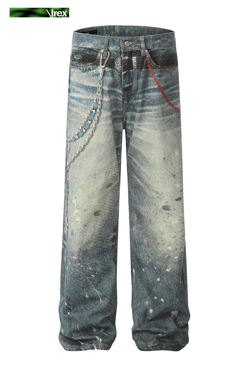 Men's Clothing Jeans AC Style Chain Pendant Print Ink Wash Dirty Street Retro Casual Pants_mkmklike.com