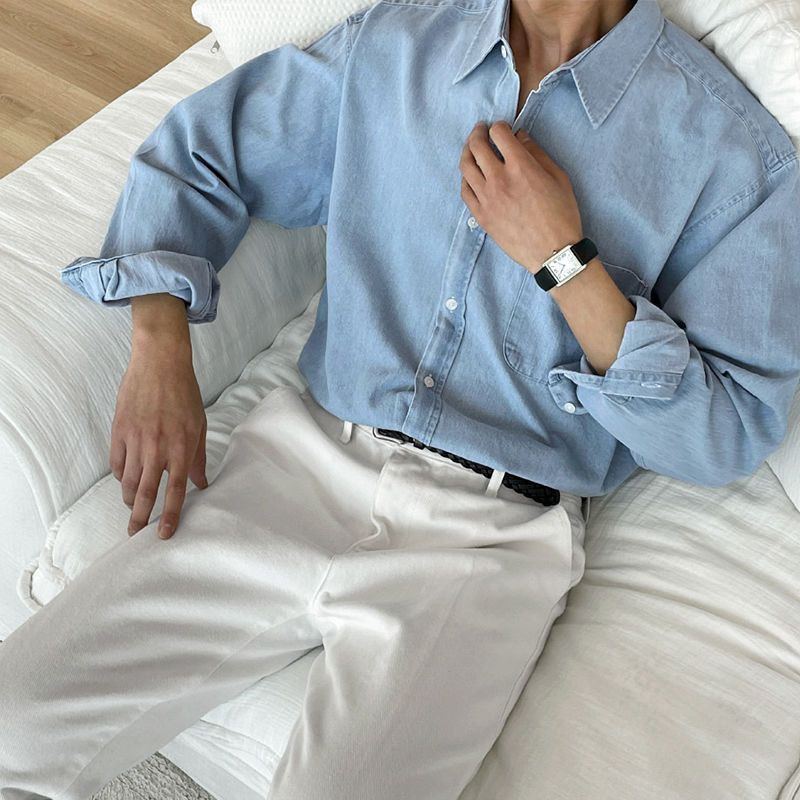 Men's Clothing Washed Distressed Denim Shirt Loose Long Sleeved Work Shirt Jacket_mkmklike.com