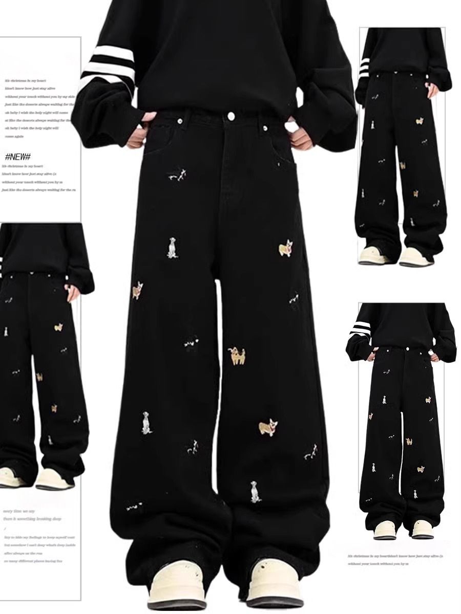 Men's Clothing Playful Puppy Embroidered High Waist Straight Leg Jeans For Women - Loose Fit Wide Leg Pants With Stretchy Comfort (Blue/Black)_mkmklike.com