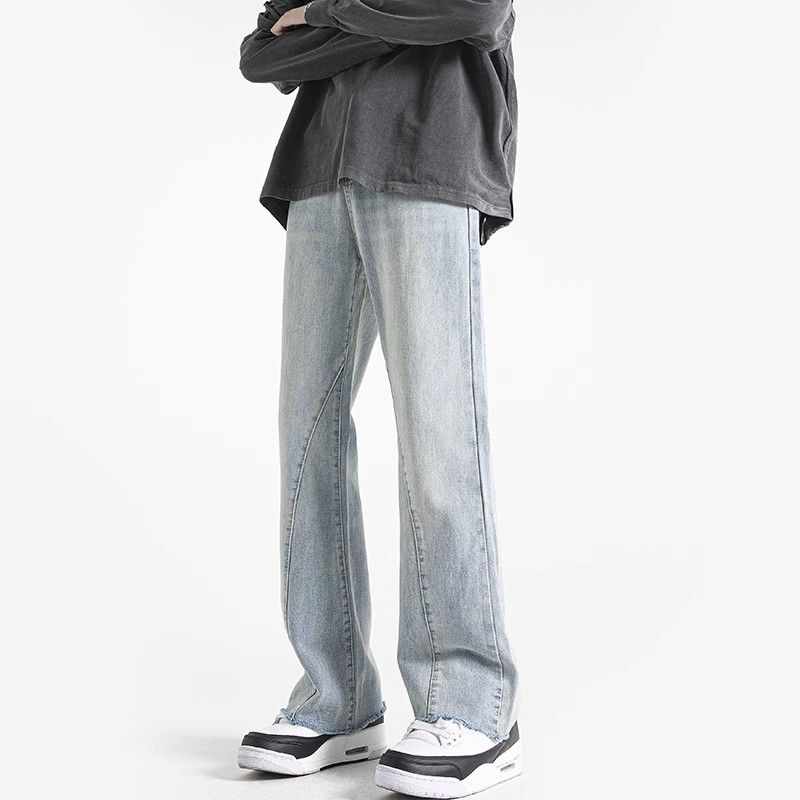 Men's Straight Leg Flared Jeans Loose Fit American High Street Style Trendy Casual Long Pants with Frayed Edges Slimming Cool Retro_mkmklike.com