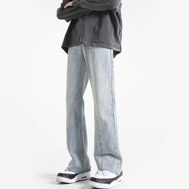 Men's Straight Leg Flared Jeans Loose Fit American High Street Style Trendy Casual Long Pants with Frayed Edges Slimming Cool Retro_mkmklike.com