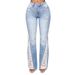 Women's Distressed High Waist Bootcut Jeans - Light Blue Stretch Denim Pants With Raw Hem Detail, Plus Size Available_mkmklike.com