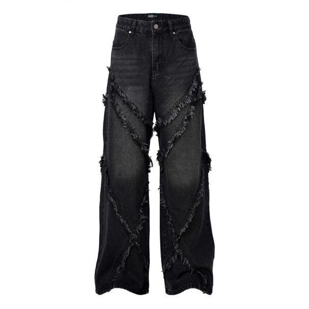 Men's Clothing Washed Distressed Stitching Cat Whisker Jeans Unisex Fashion Brand Loose Wide Leg Straight Trousers_mkmklike.com